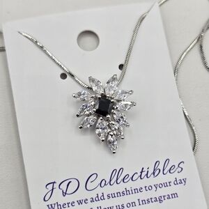 Swarovski Crystal Elements Silver Floral Necklace Black and Clear 18 - 20 inch